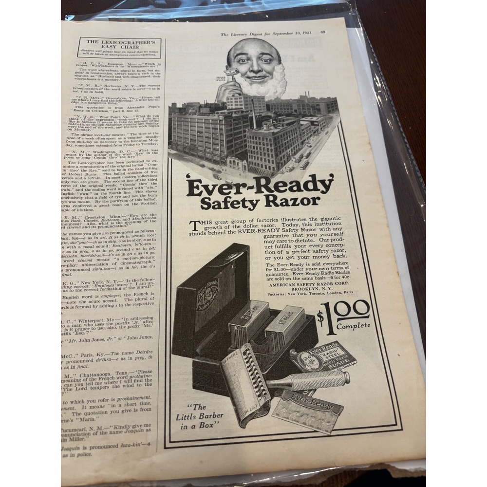 Ever-Ready Safety Razor 1921 Vintage Print Ad Literary Digest Shaving Decor